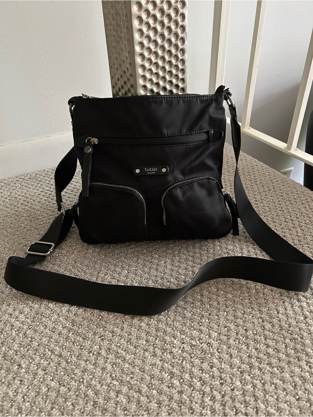 Tutilo New York Black Nylon Crossbody Bag with Multiple Zip Pockets